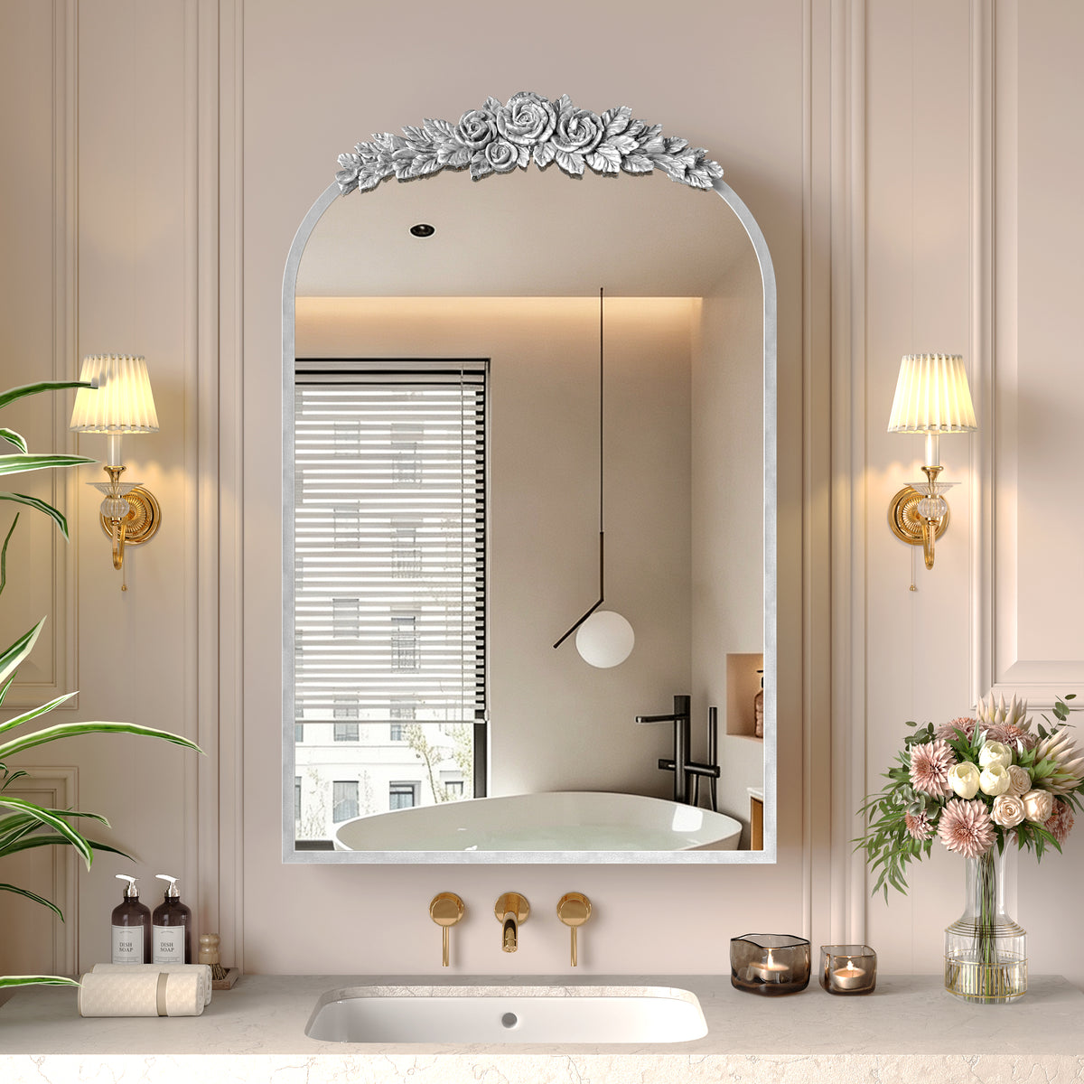 Vintage Arch Medicine Cabinet Mirror, 24 x 36 Inches, Antique Silver