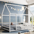 Full Size Floor Wooden Bed with House Roof Frame, Fence Guardrails