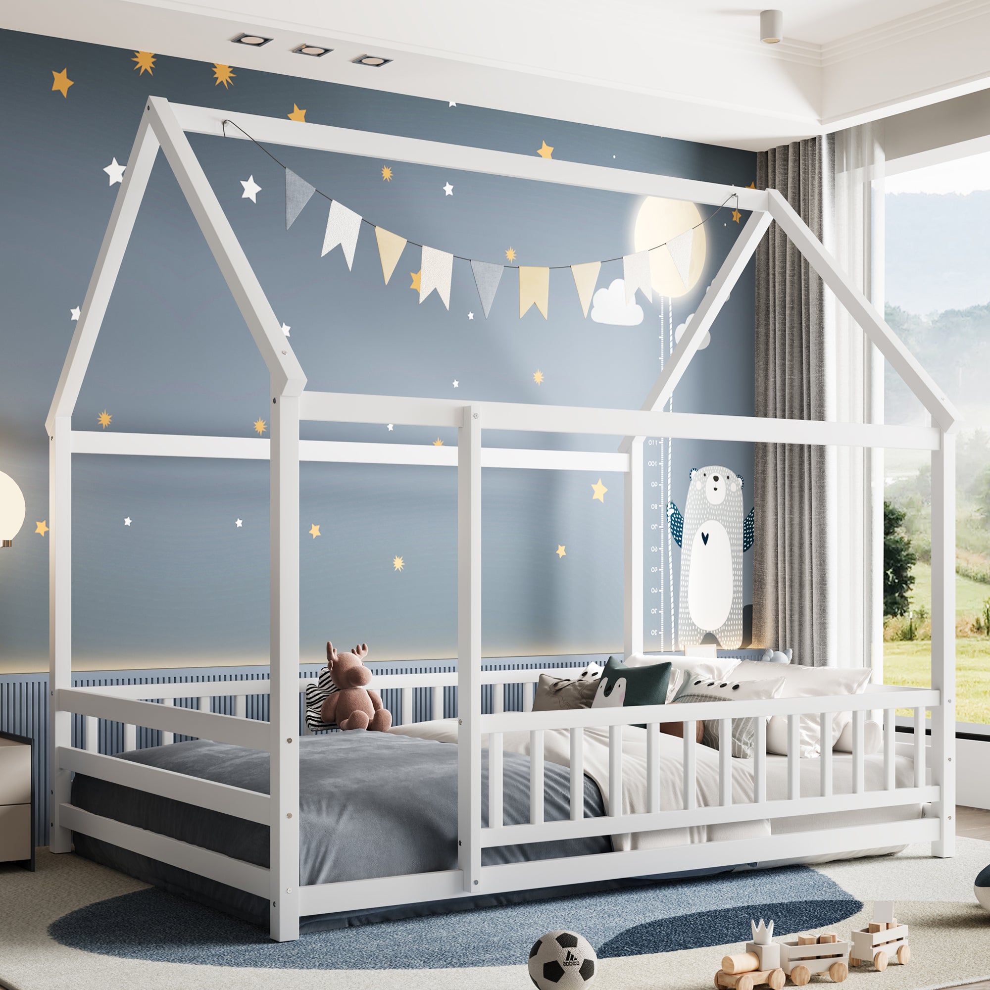 Full Size Floor Wooden Bed with House Roof Frame, Fence Guardrails