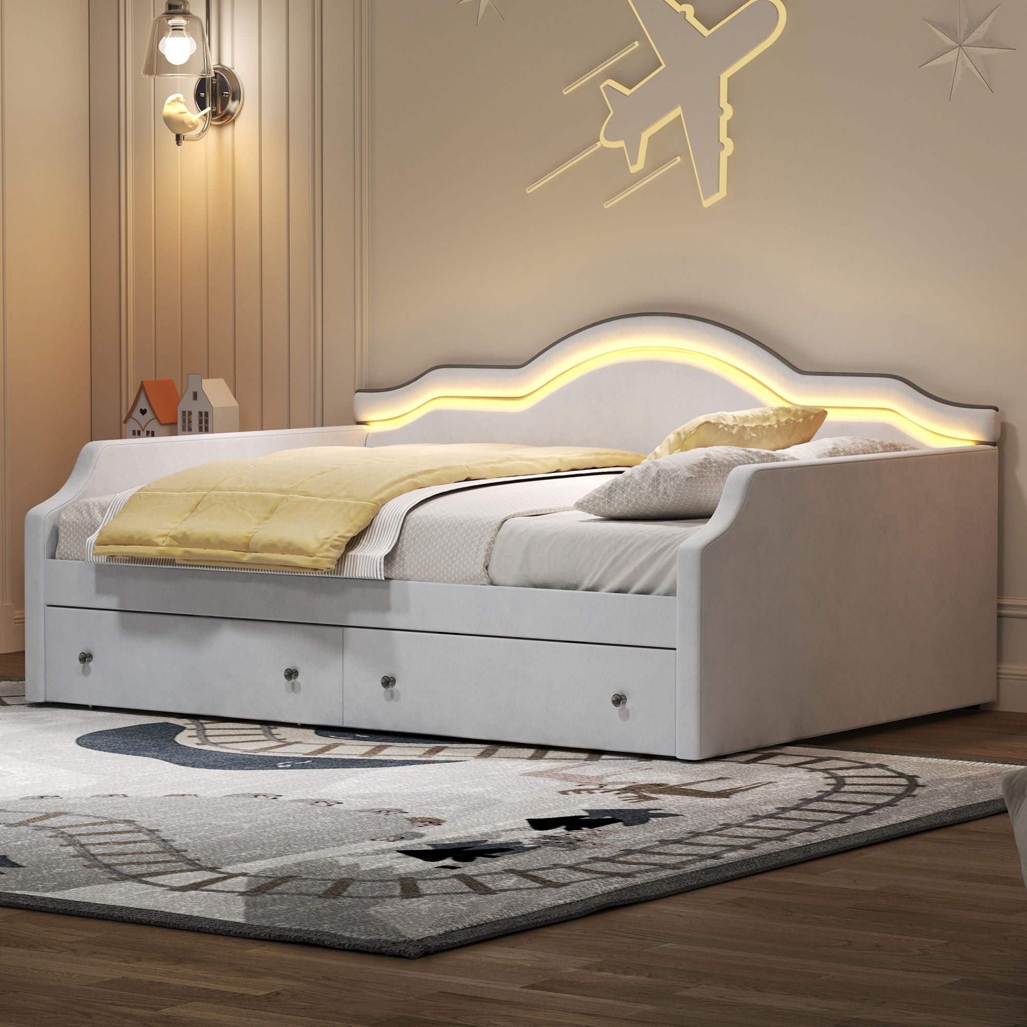 Upholstered Daybed With LED Lights And 2 Drawersme