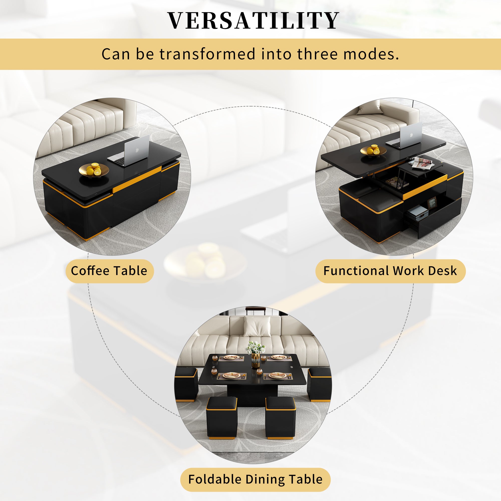 VIBE HAUS Lift-Top Coffee Table with Storage Stools