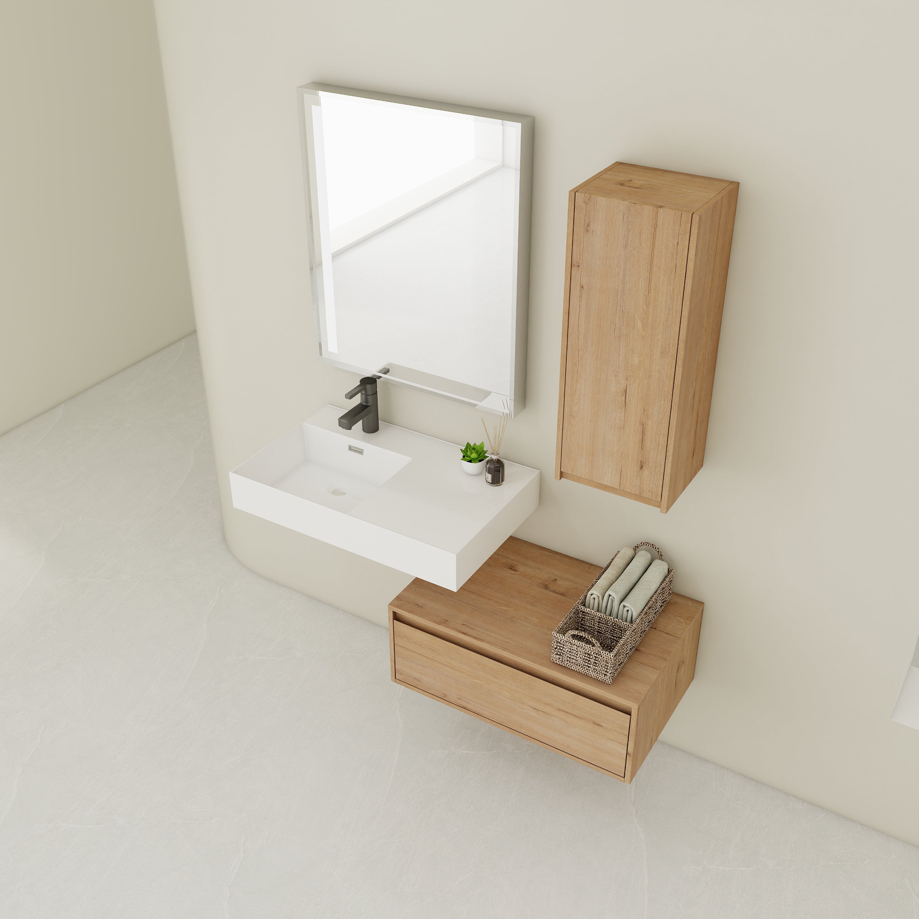 30 Inch Wall-Mounted Bathroom Vanity with Resin Sink and Side Cabinet