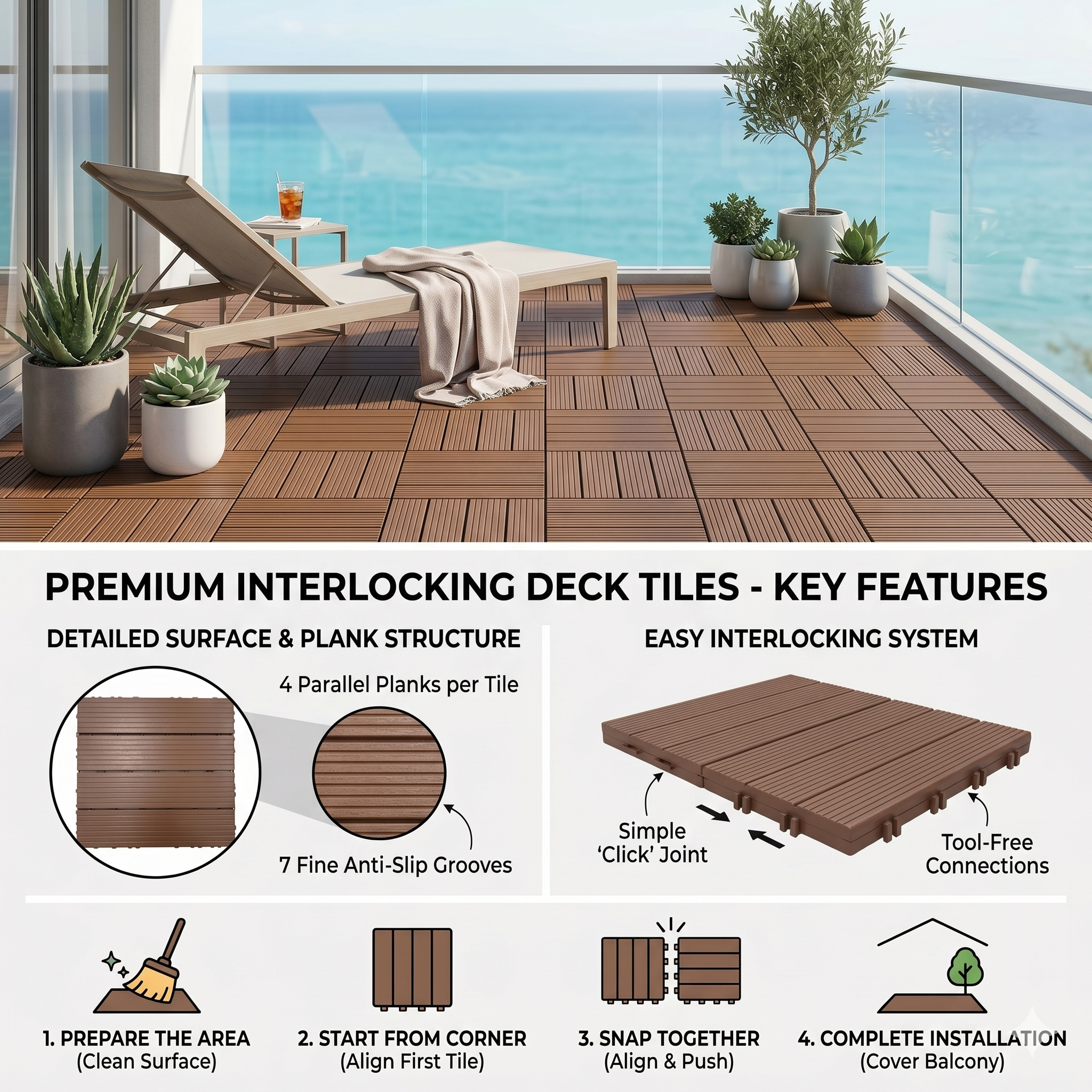 Plastic Interlocking Deck Tiles - 44 Pack