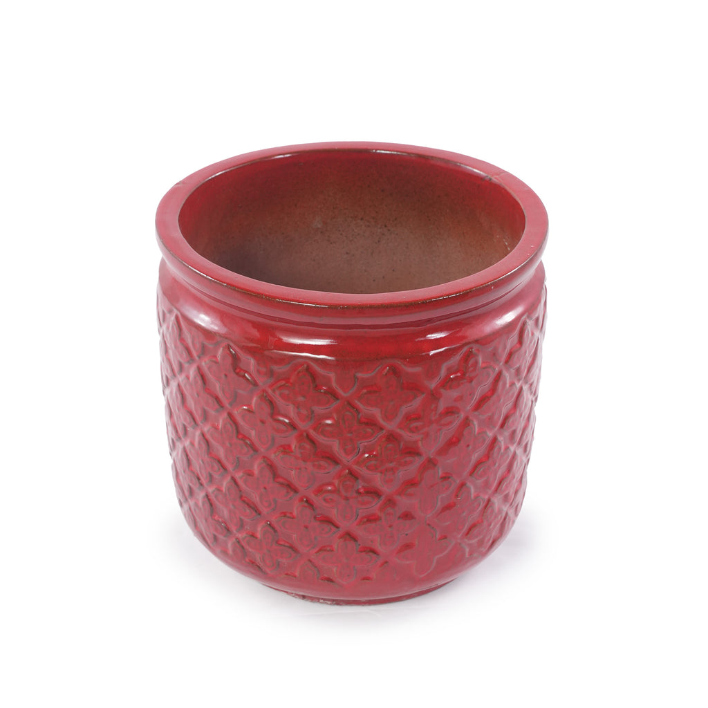 Handmade Ceramic Planter Set of 3 in Burgundy Diamond-Pattern