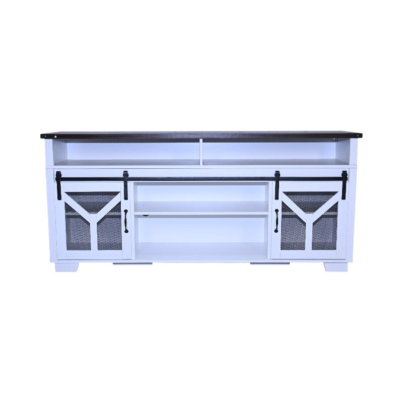 65.3" TV Stand with LED Light Strips and Iron Mesh Barn Door