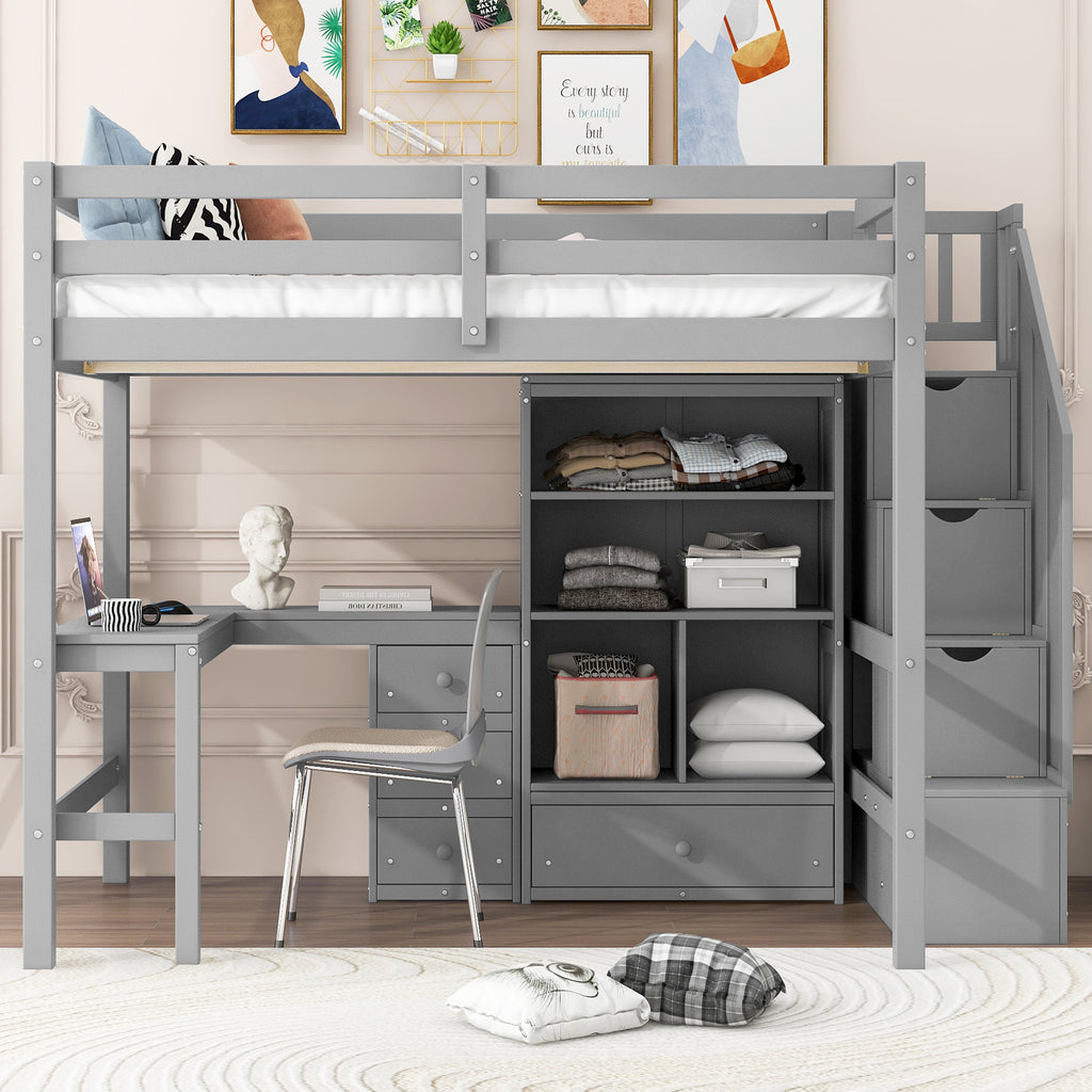 Full Size Loft Bed with L-Shaped Desk and Drawers