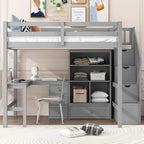 Full Size Loft Bed with L-Shaped Desk and Drawers