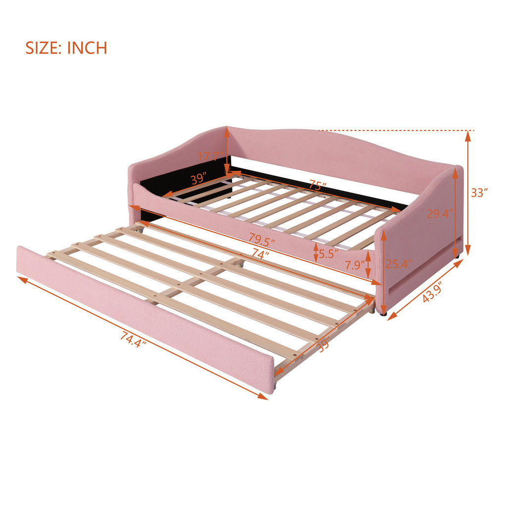 Teddy Fleece Twin Size Upholstered Daybed with Light and Trundle