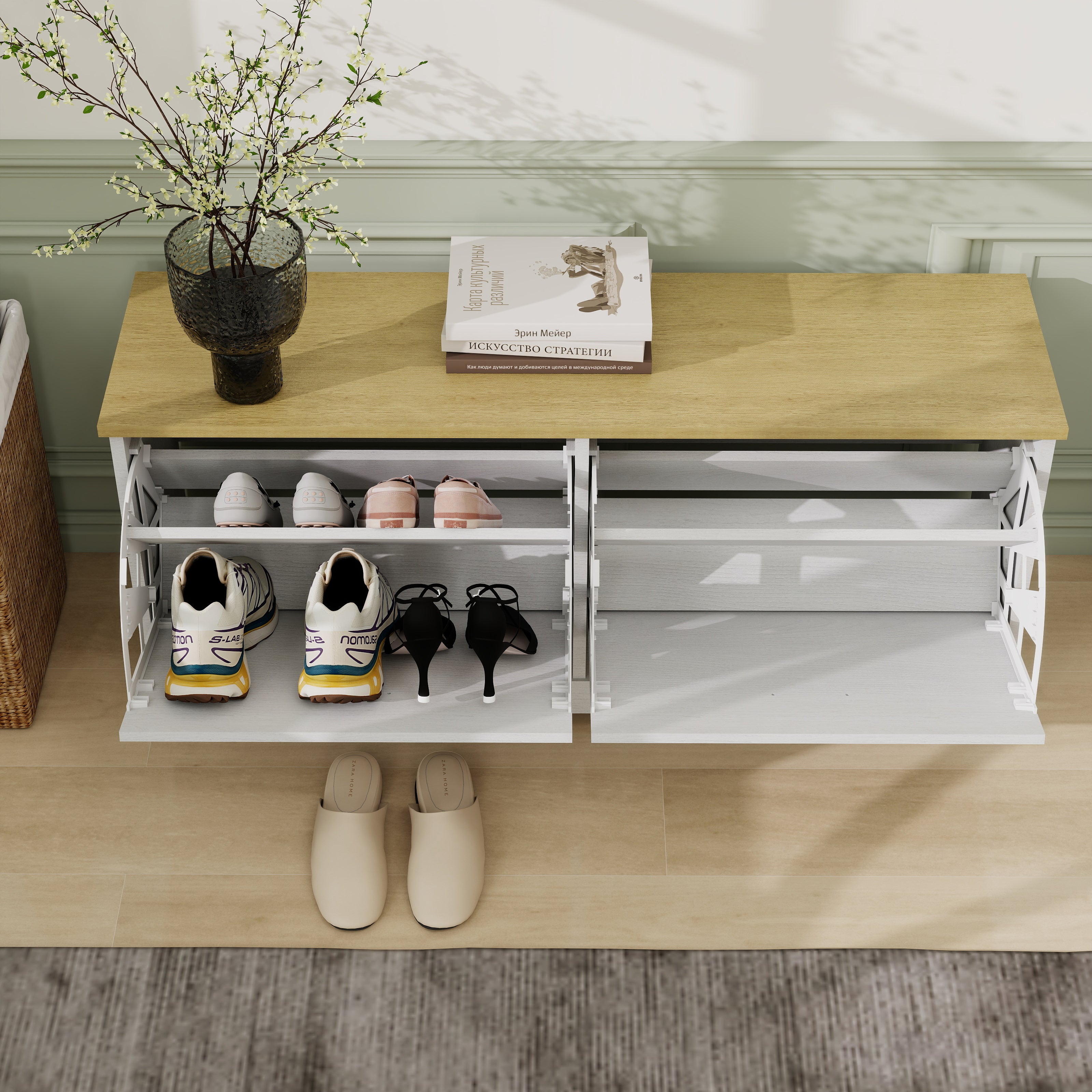 Shoe Storage Bench with 2 Flip Drawers and Adjustable Shelf