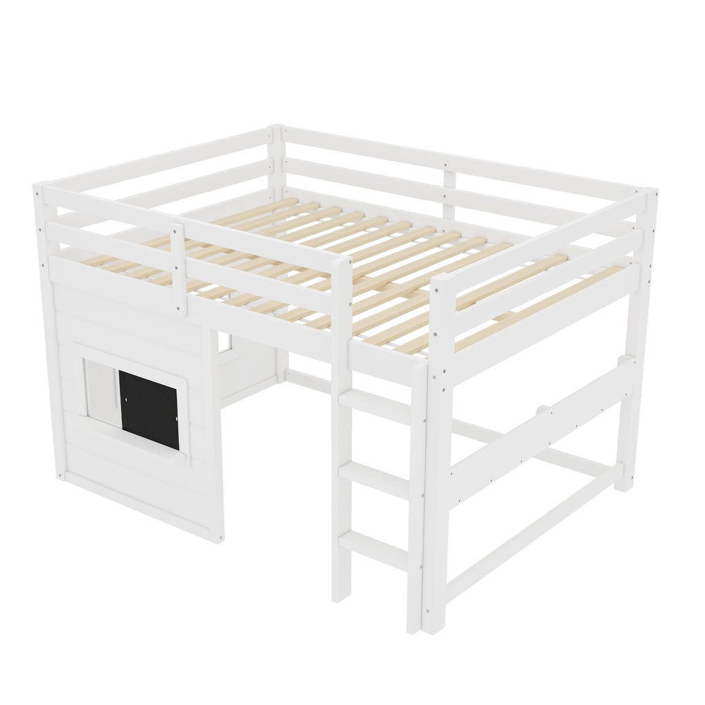 Full Size Loft Bed with Playful Sliding Chalkboard and Bookshelf