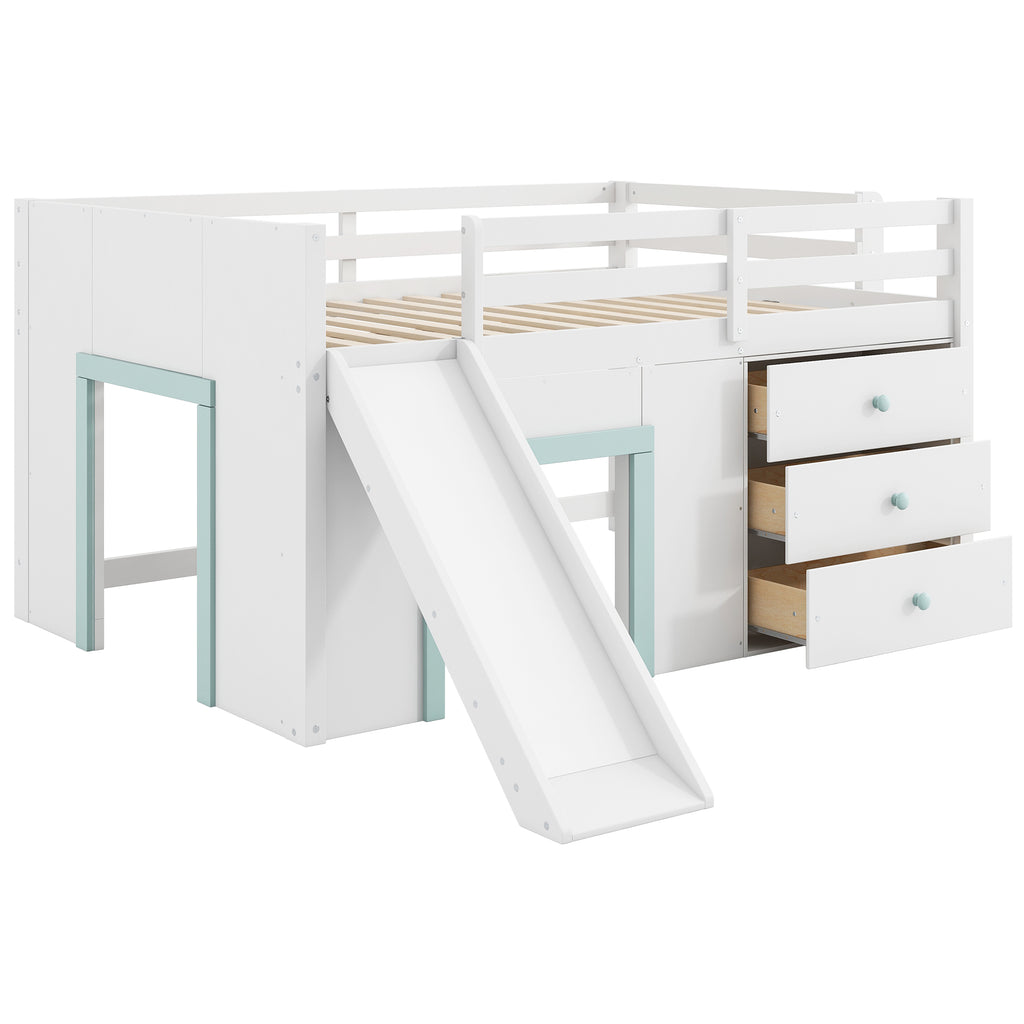 Full Size Low Loft Bed with Slide and Storage Drawers