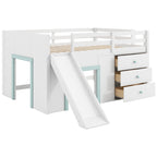 Full Size Low Loft Bed with Slide and Storage Drawers