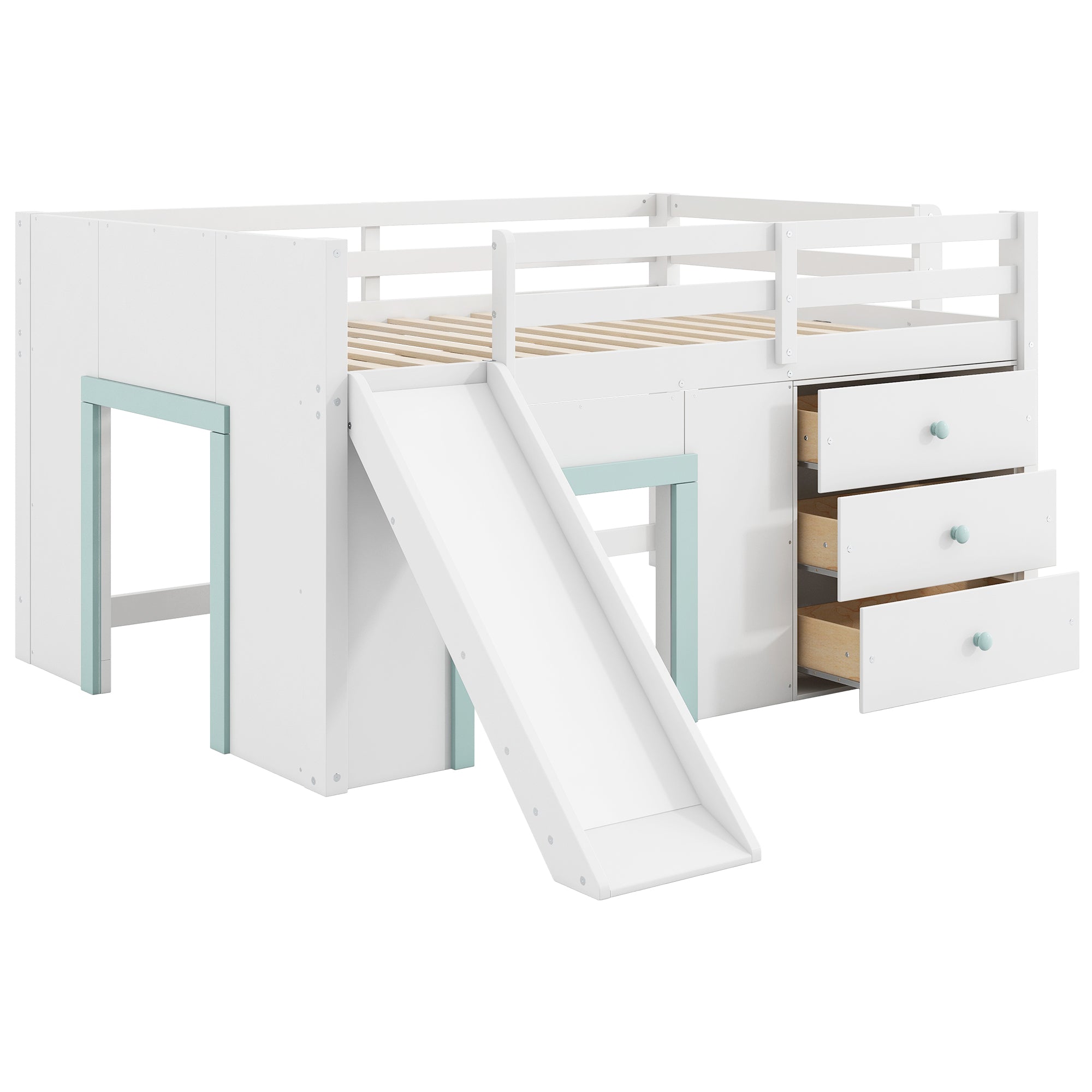 Full Size Low Loft Bed with Slide and Storage Drawers