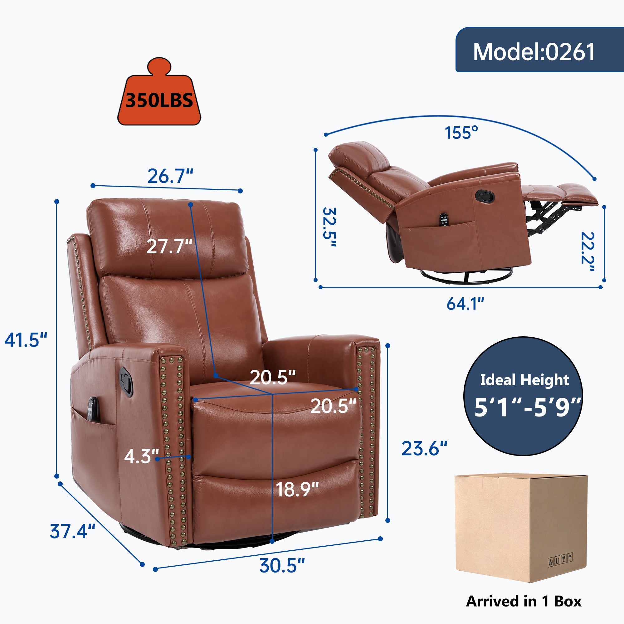 Red Genuine Leather Heat Massage Manual Recliner Chair
