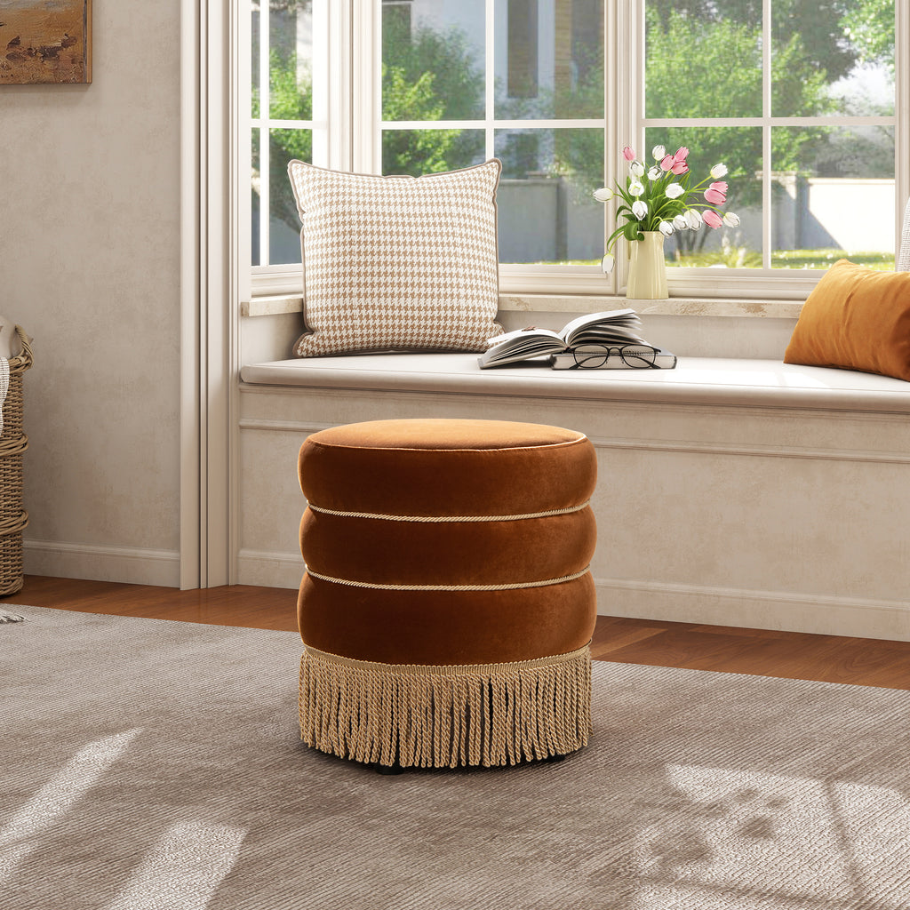 Edward 17.5" Round Upholstered Ottoman with Bullion Fringe