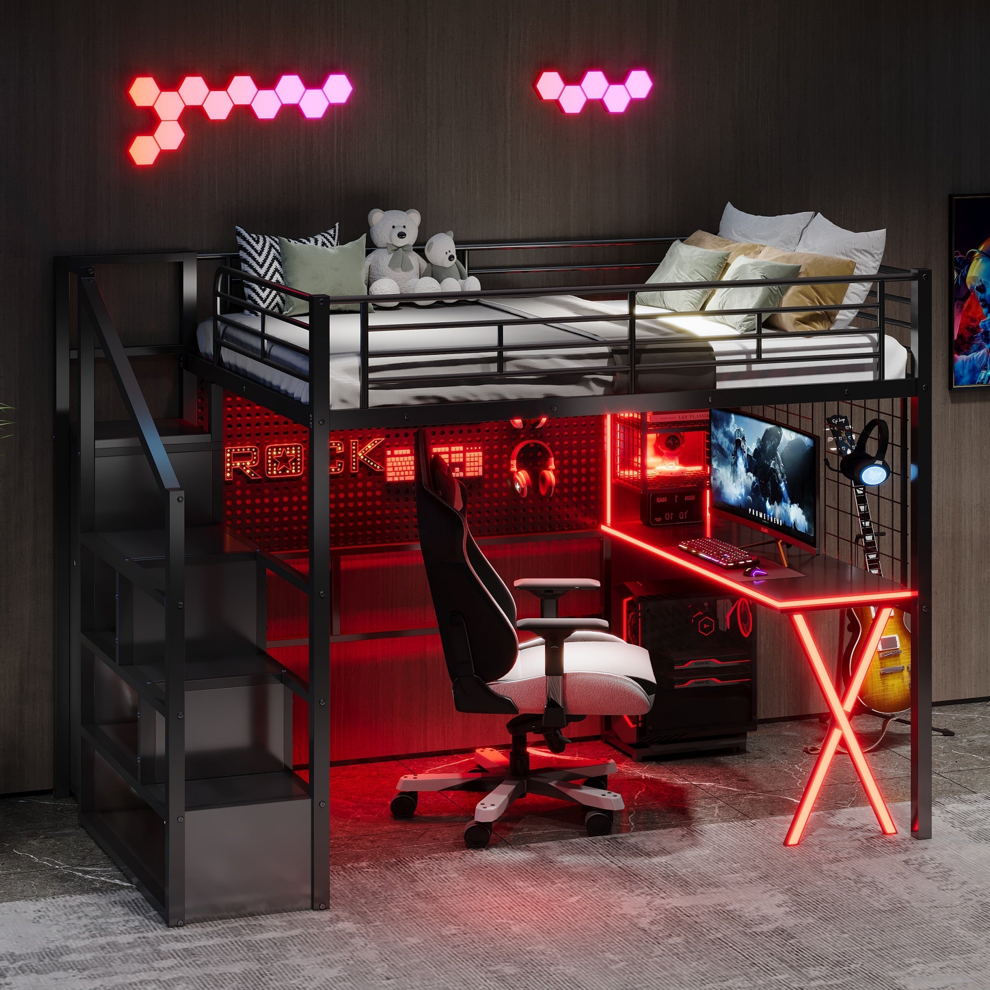 Full Size Metal Loft Bed with Built-in Work Station, Wardrobe, Storage Staircase and LED