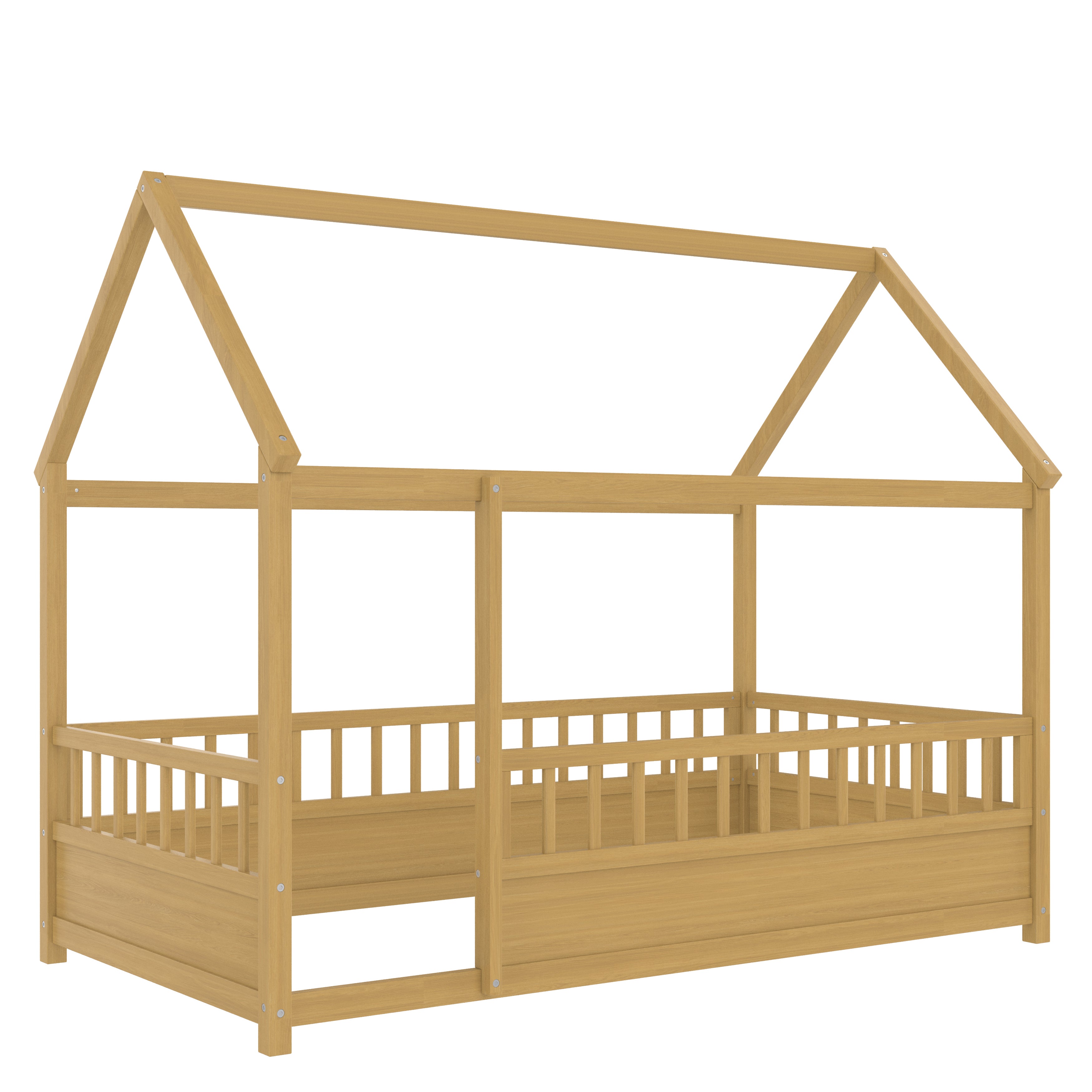 Twin Size Floor Wooden Bed with House Roof Frame