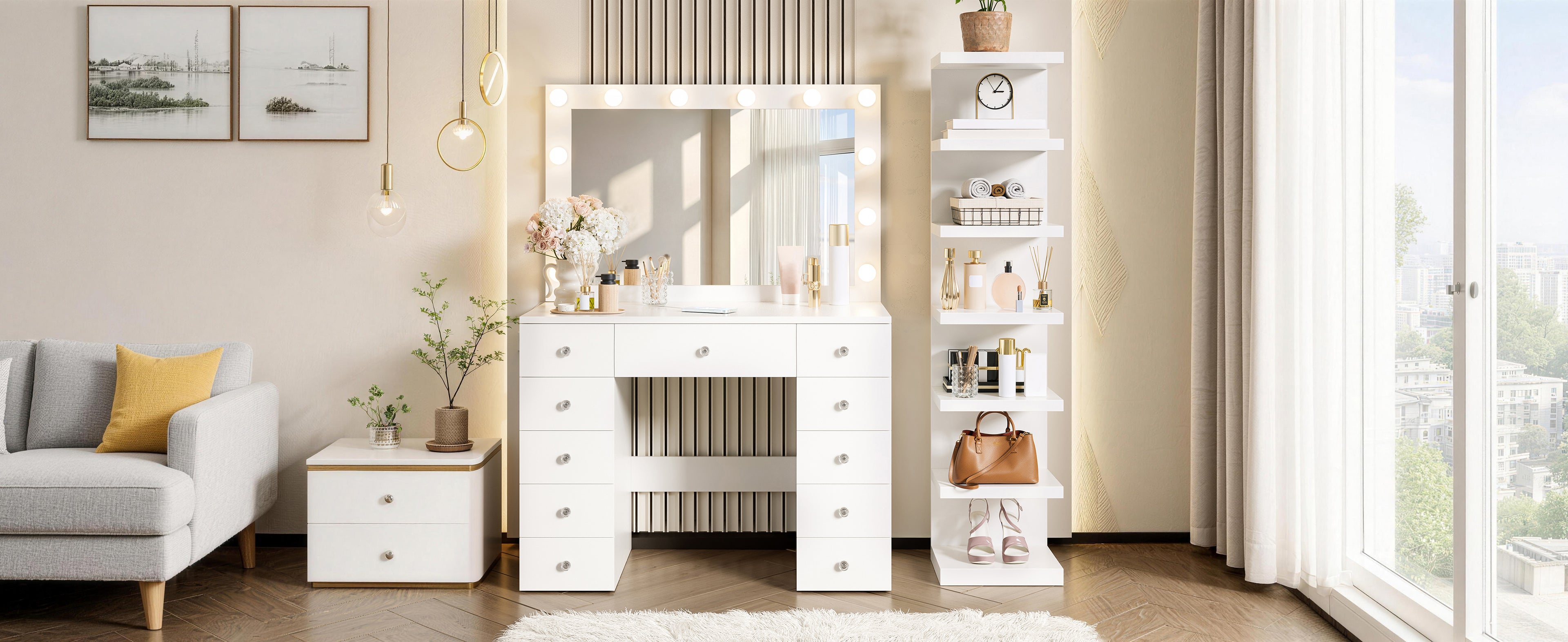 Makeup Vanity Desk with 11 Hollywood Bulbs and 7-Tier Storage Shelves