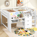 Full Size Low Loft Bed with Built-in Desk, Storage Cabinets and Open Bookcase