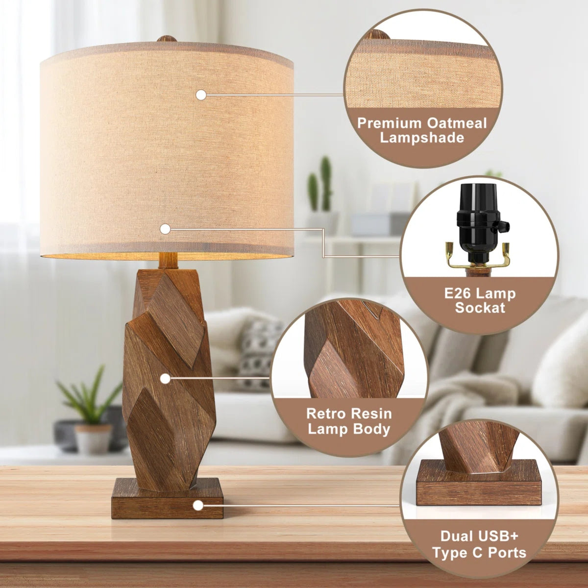 Farmhouse Table Lamps Set of 2, 24.5-Inch, Wood Grain Resin, USB Charging Ports