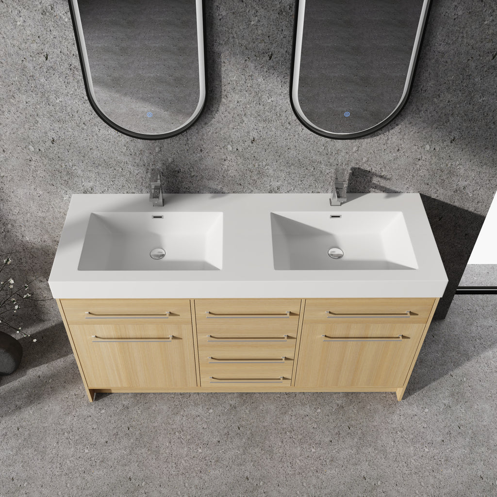 60" Freestanding Bathroom Vanity with Double Resin Sink