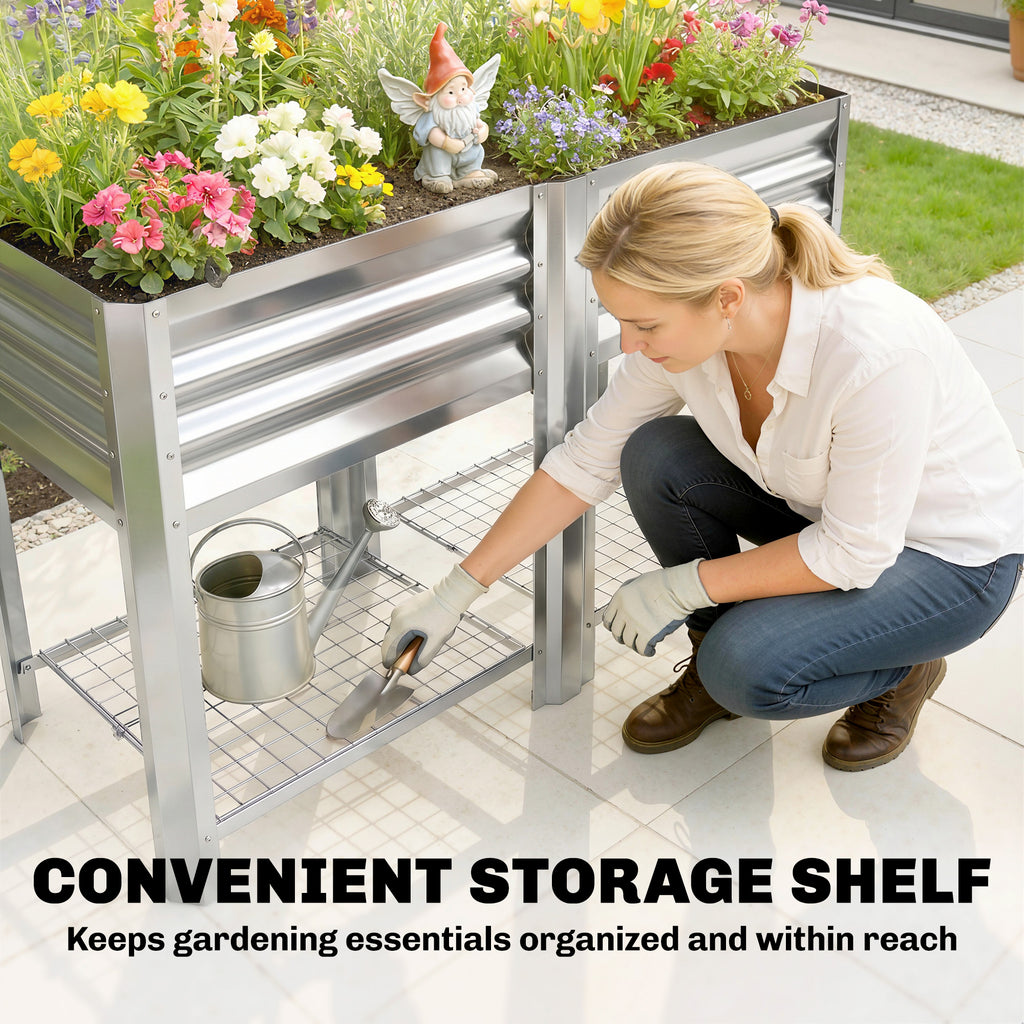 Outsunny Galvanized Steel Raised Garden Bed with Storage Shelf