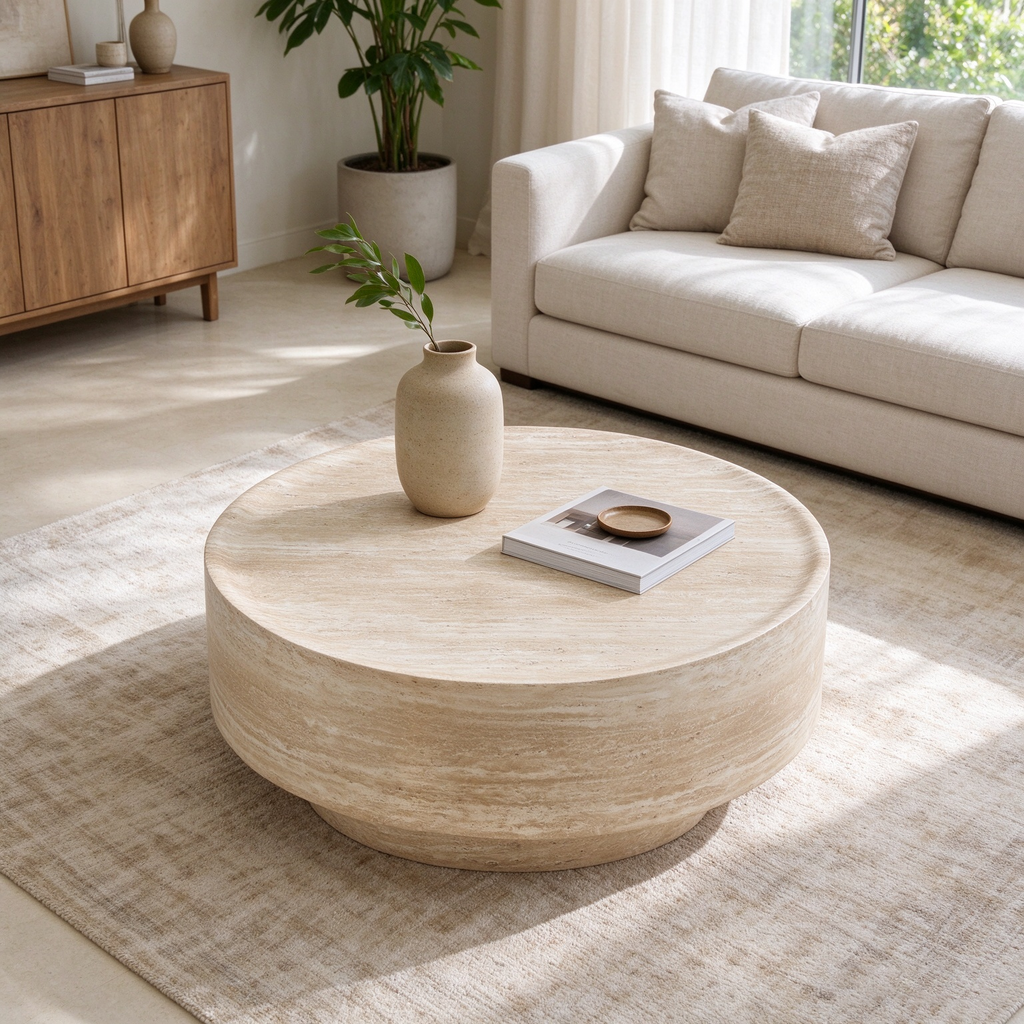 Round 35.43-Inch Coffee Table, Travertine-Look Fiberglass, Beige Yellow