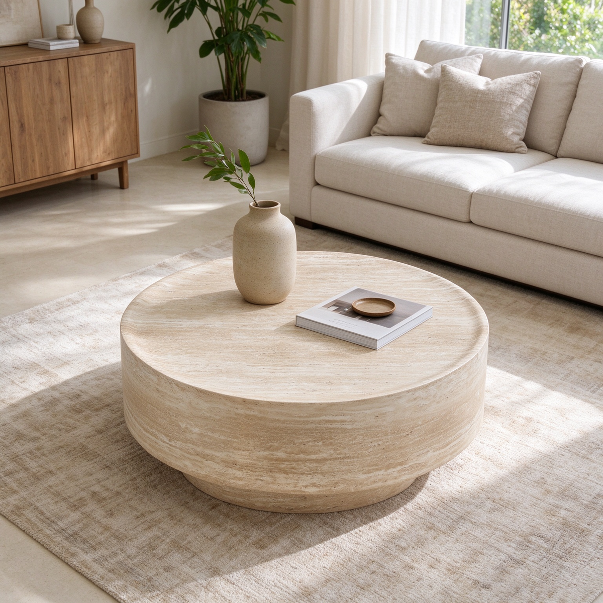 Round 35.43-Inch Coffee Table, Travertine-Look Fiberglass, Beige Yellow