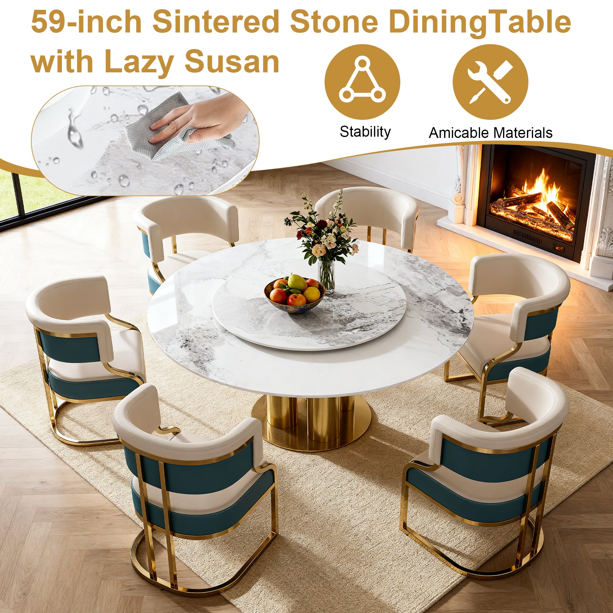 59" Round Sintered Stone Dining Table Set with Lazy Susan
