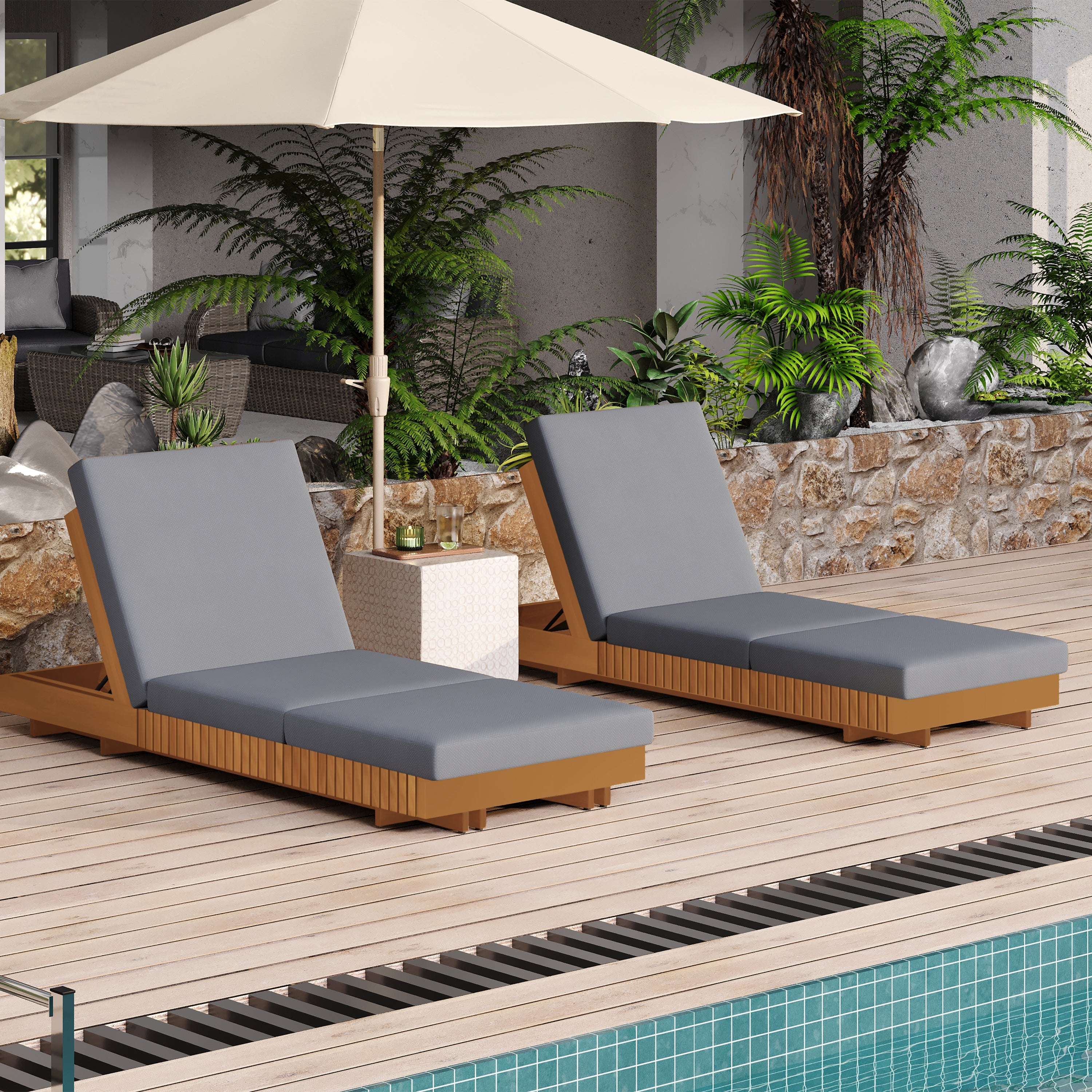 Lounge Chaise Set, Acacia Solid Wood with Lounge Cushion