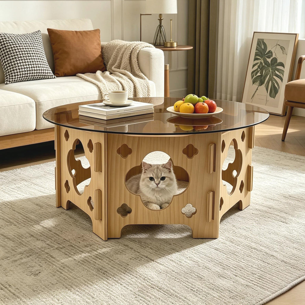 31.1-Inch Round Tempered Glass Coffee Table, Natural Wood and Caramel
