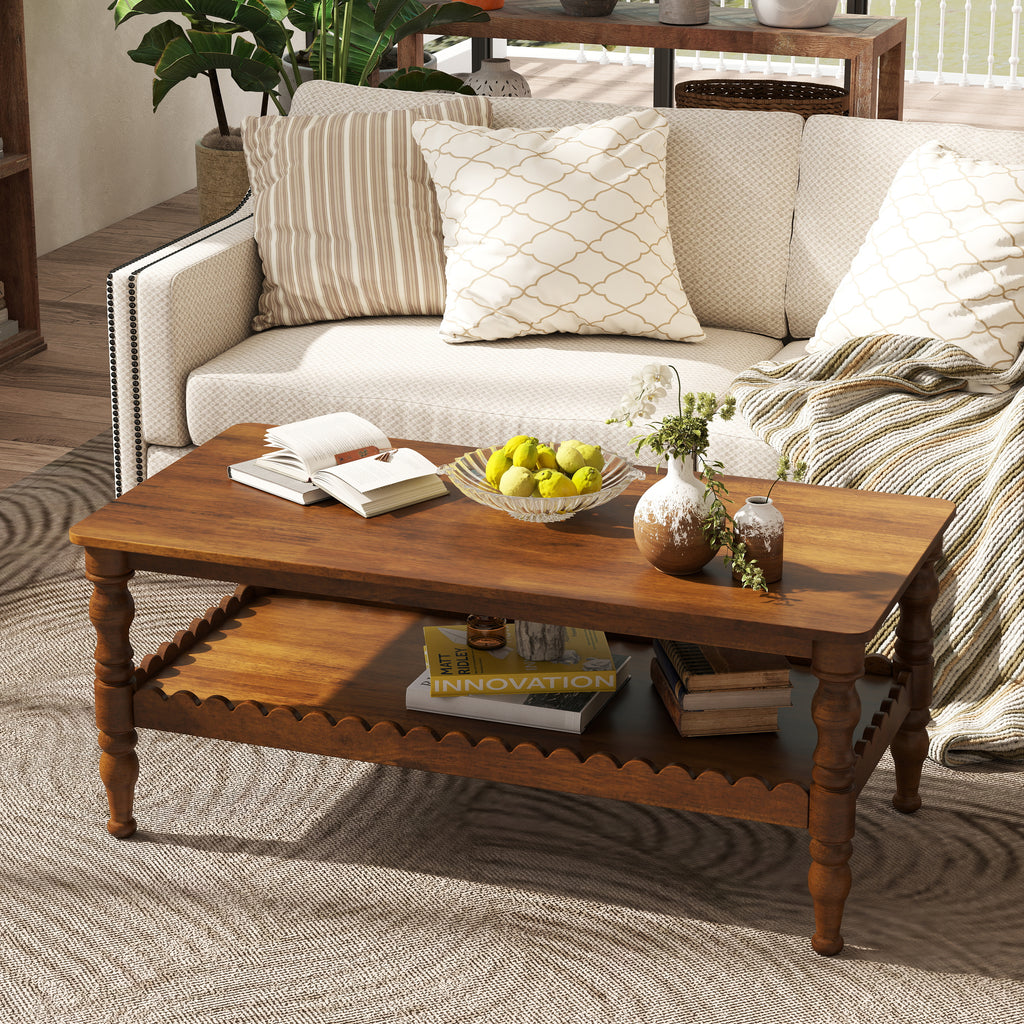 Rectangle Coffee Table Solid Wood Coffee Table with Storage Shelf,Farmhouse 2-Tier Center Table Lacquered Classical Legs,Easy Assembly Apartment Center Sofa Table  for Living Room