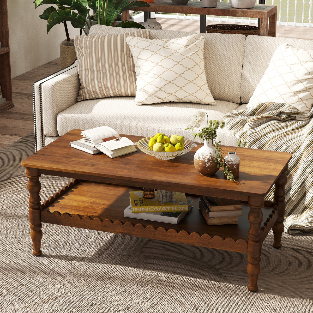 Rectangle Coffee Table Solid Wood Coffee Table with Storage Shelf,Farmhouse 2-Tier Center Table Lacquered Classical Legs,Easy Assembly Apartment Center Sofa Table  for Living Room