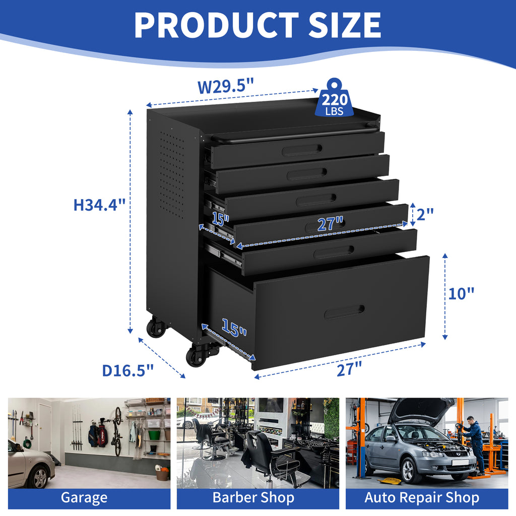 34.3" Rolling Tool Chest with 6 Drawers