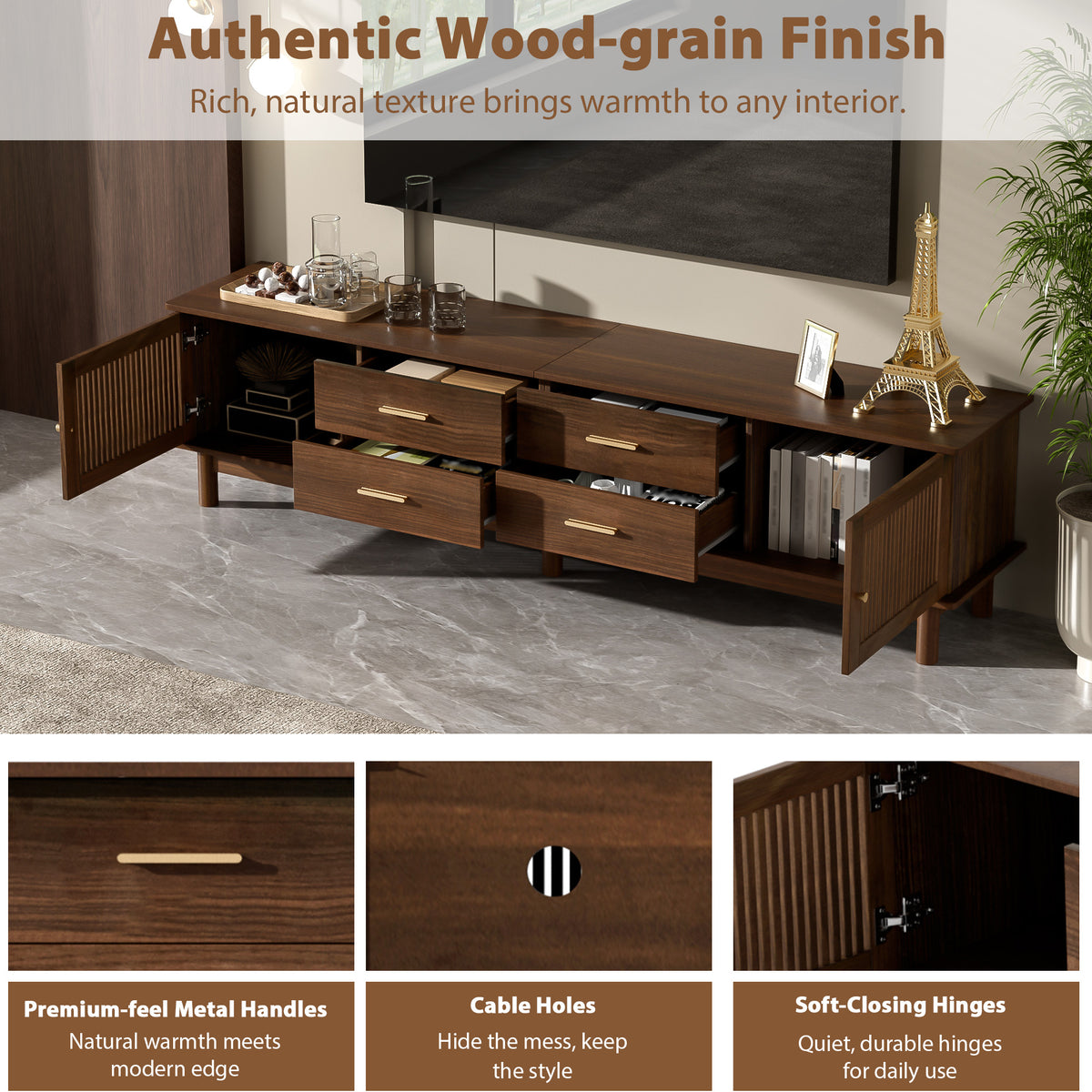78-Inch TV Stand for 85-Inch TVs, Mid-Century Modern with Slatted Doors and Drawers, Walnut