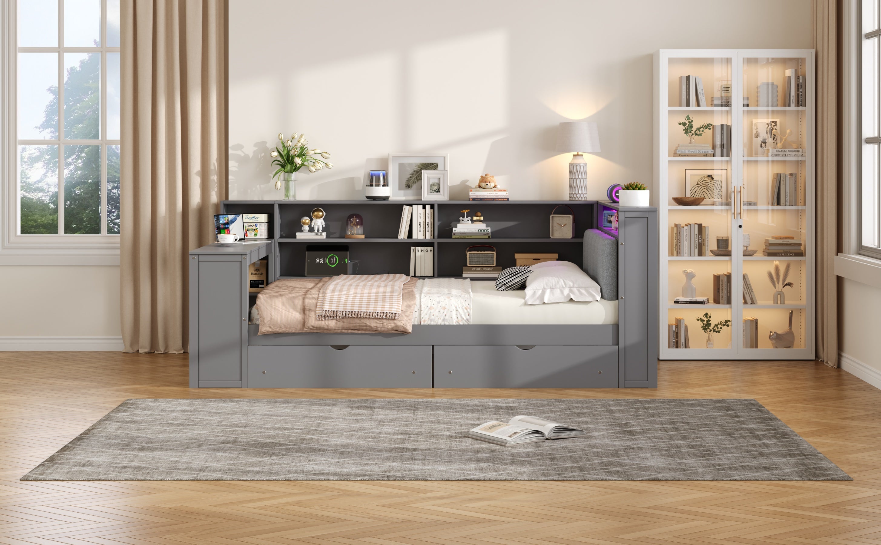Wood Full Size Platform Bed with Storage Shelves and Charging Station