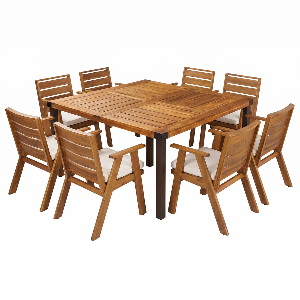 9-Piece Acacia Wood Outdoor Dining Set, 64-Inch Square Table, Teak Finish with Beige Cushions