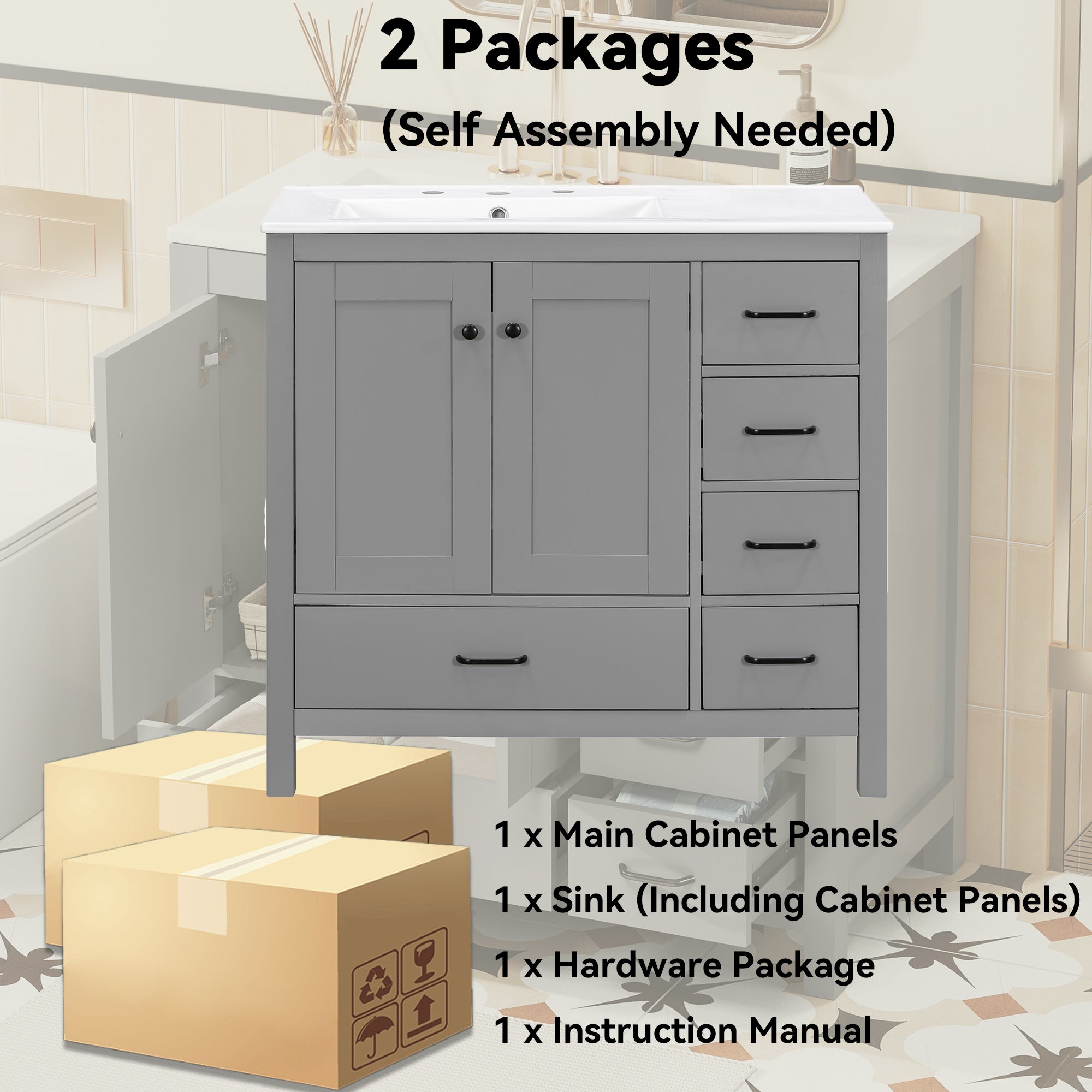 36" Gray Bathroom Vanity with Ceramic Sink