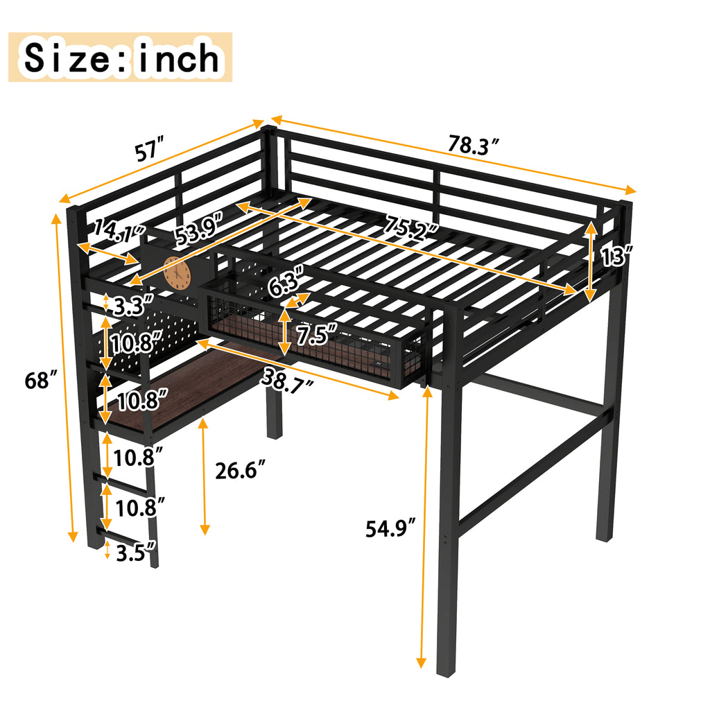 Full Size Loft Bed Frame with Desk and Storage Basket