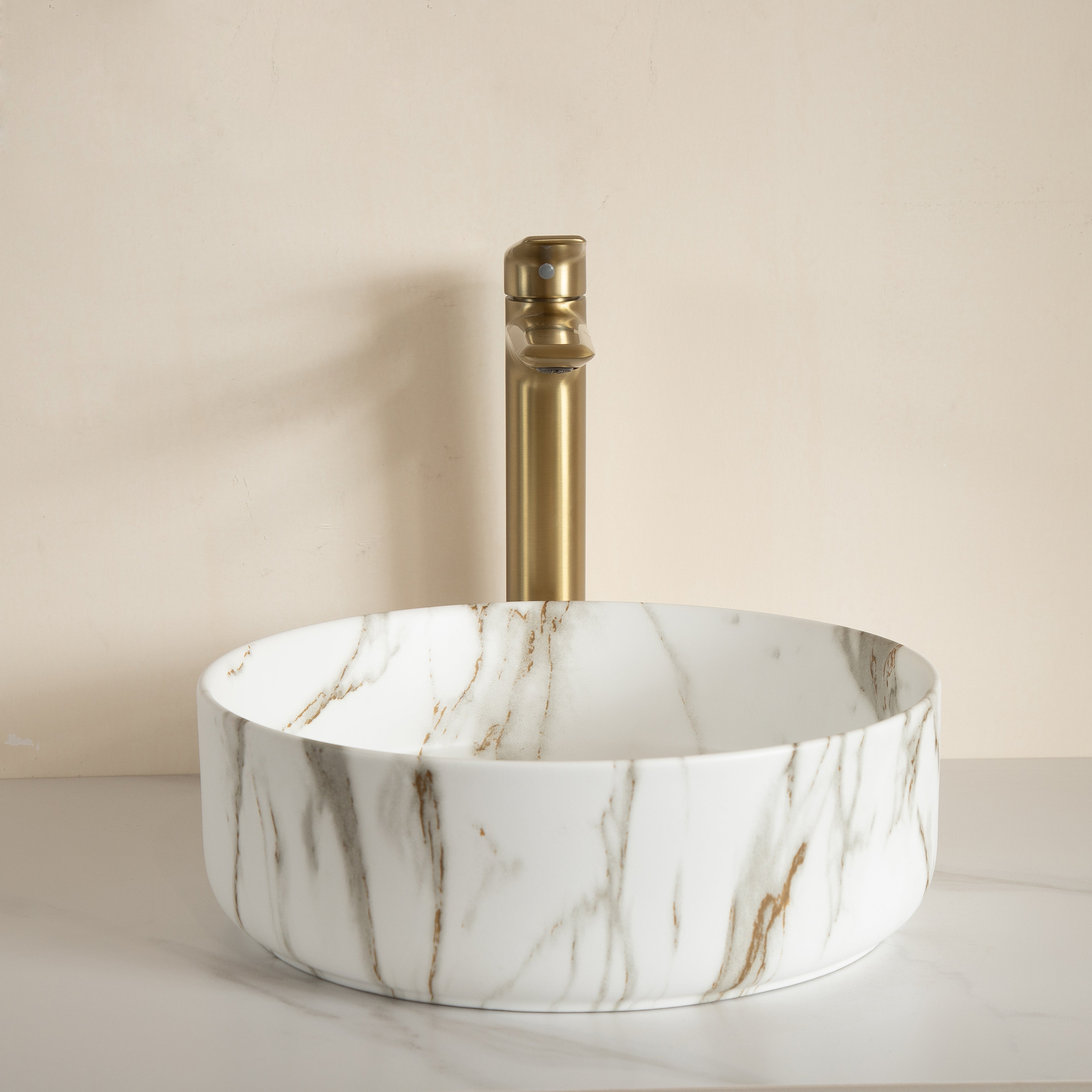 14" Round Vessel Ceramic Bathroom Sink with Stone Pattern