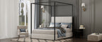 Modern Luxury Metal Canopy Bed with Tall Upholstered Headboard