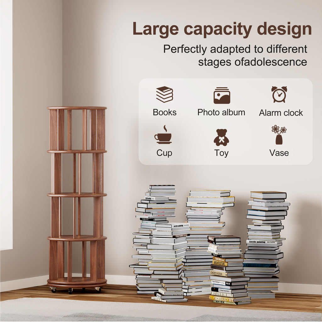 Solid Wood Rotating Bookshelf on Wheels - 4 Tier