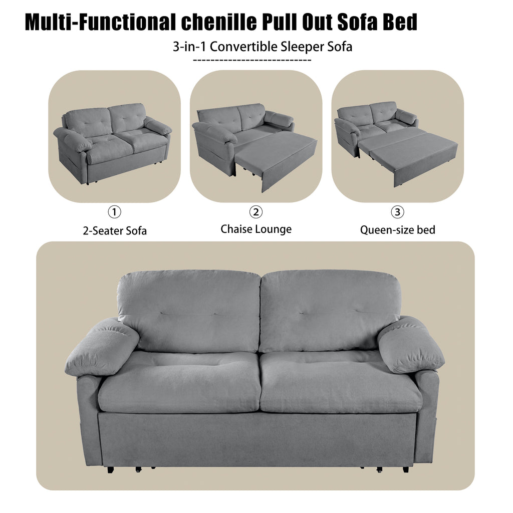 Convertible Pull-Out Queen Sleeper Sofa, 3-in-1 Design