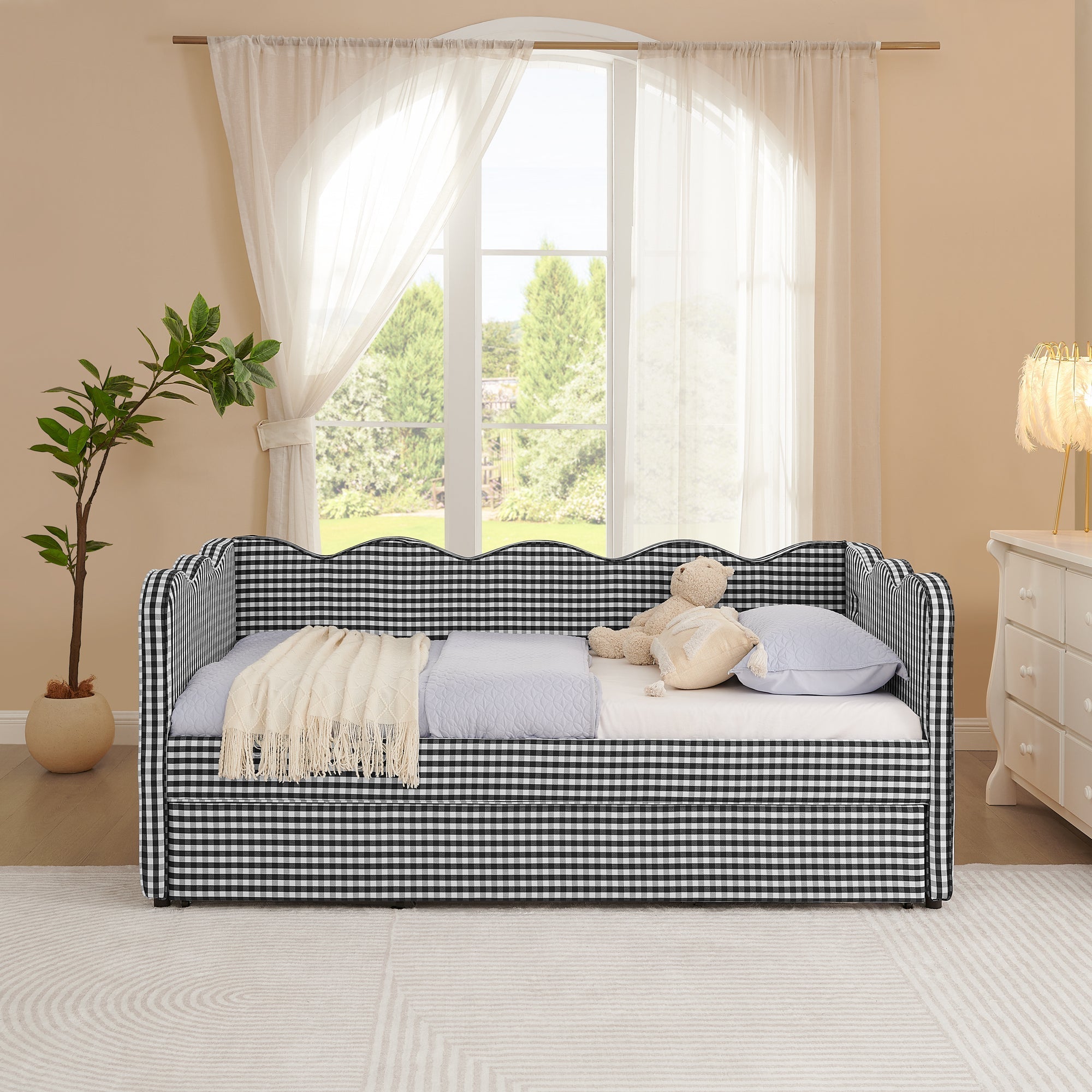 Cozy Gingham Daybed with Trundle Twin Size Sofa Bed