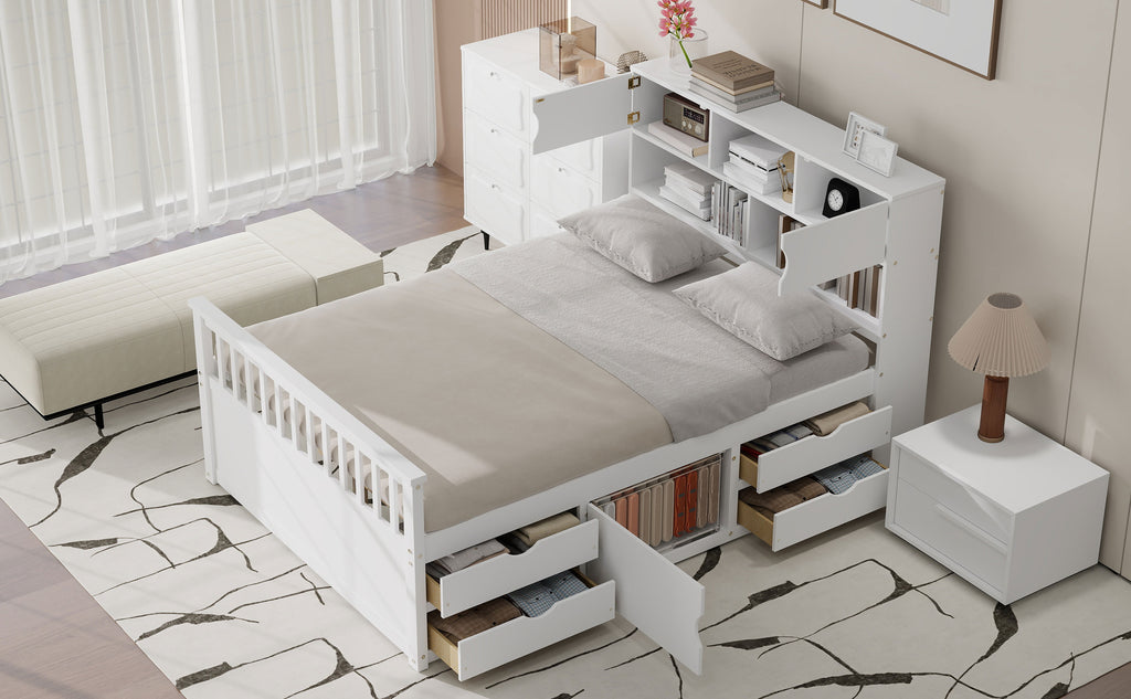 Full Size Captain Platform Bed Frame with Storage Bookcases and Shelves