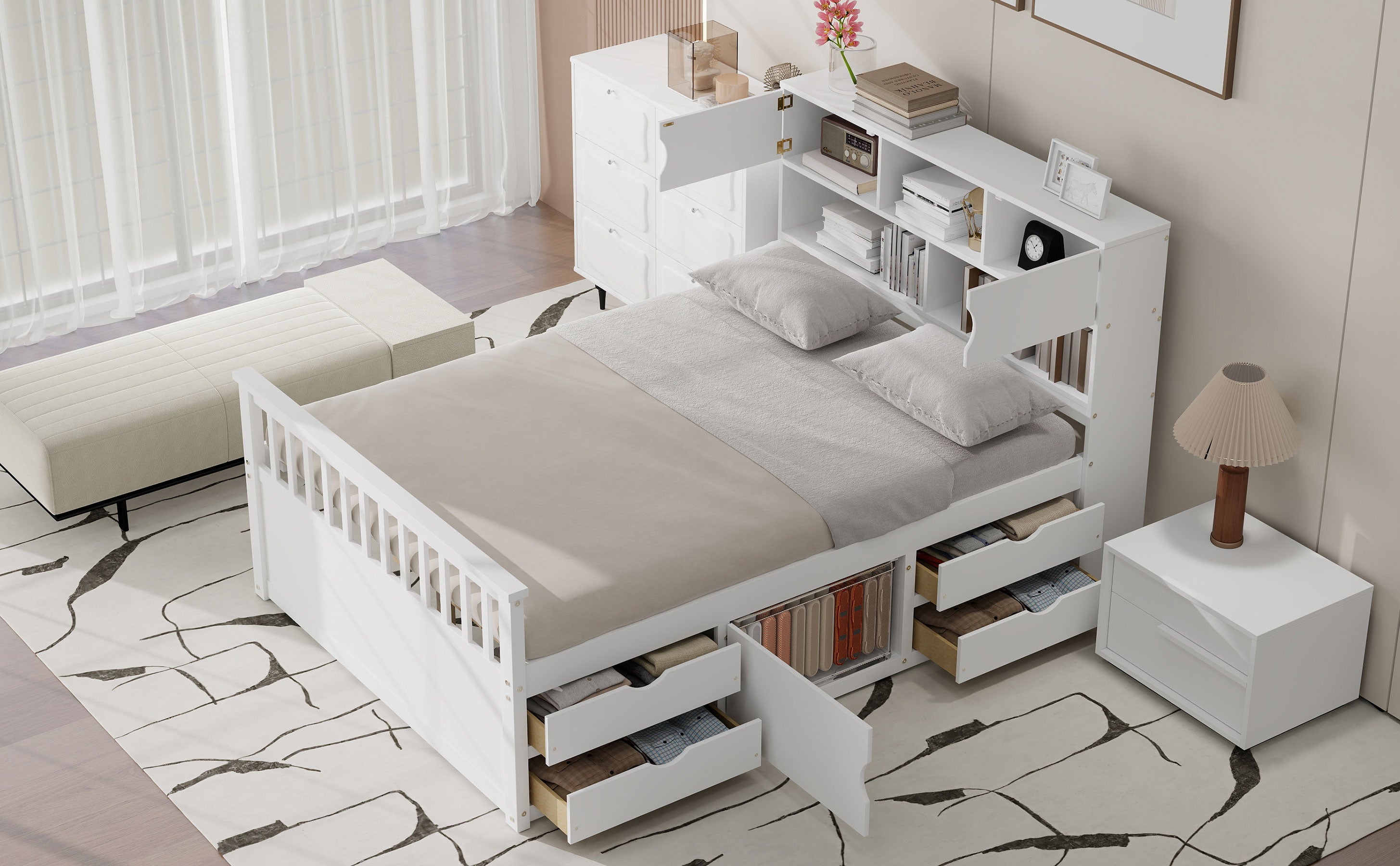 Full Size Captain Platform Bed Frame with Storage Bookcases and Shelves