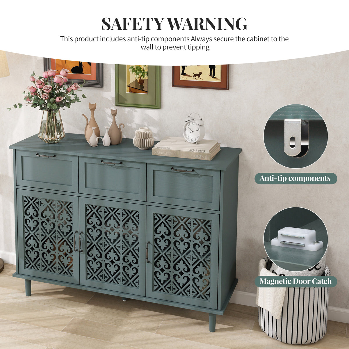 3 Door 3 Drawer Cabinet, Dark Green, 47-Inch Wide
