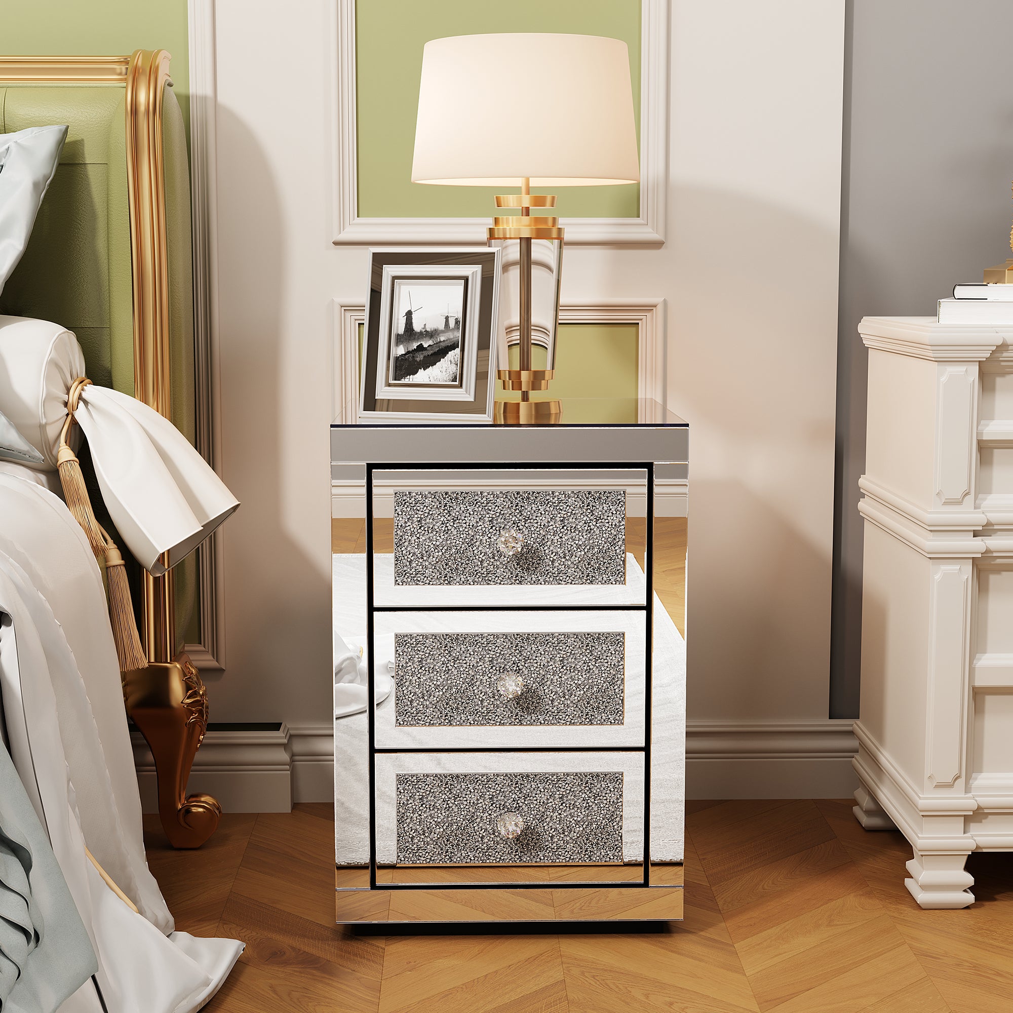 3-Drawer Mirrored Nightstand Bedside Table Glass Accent End Table