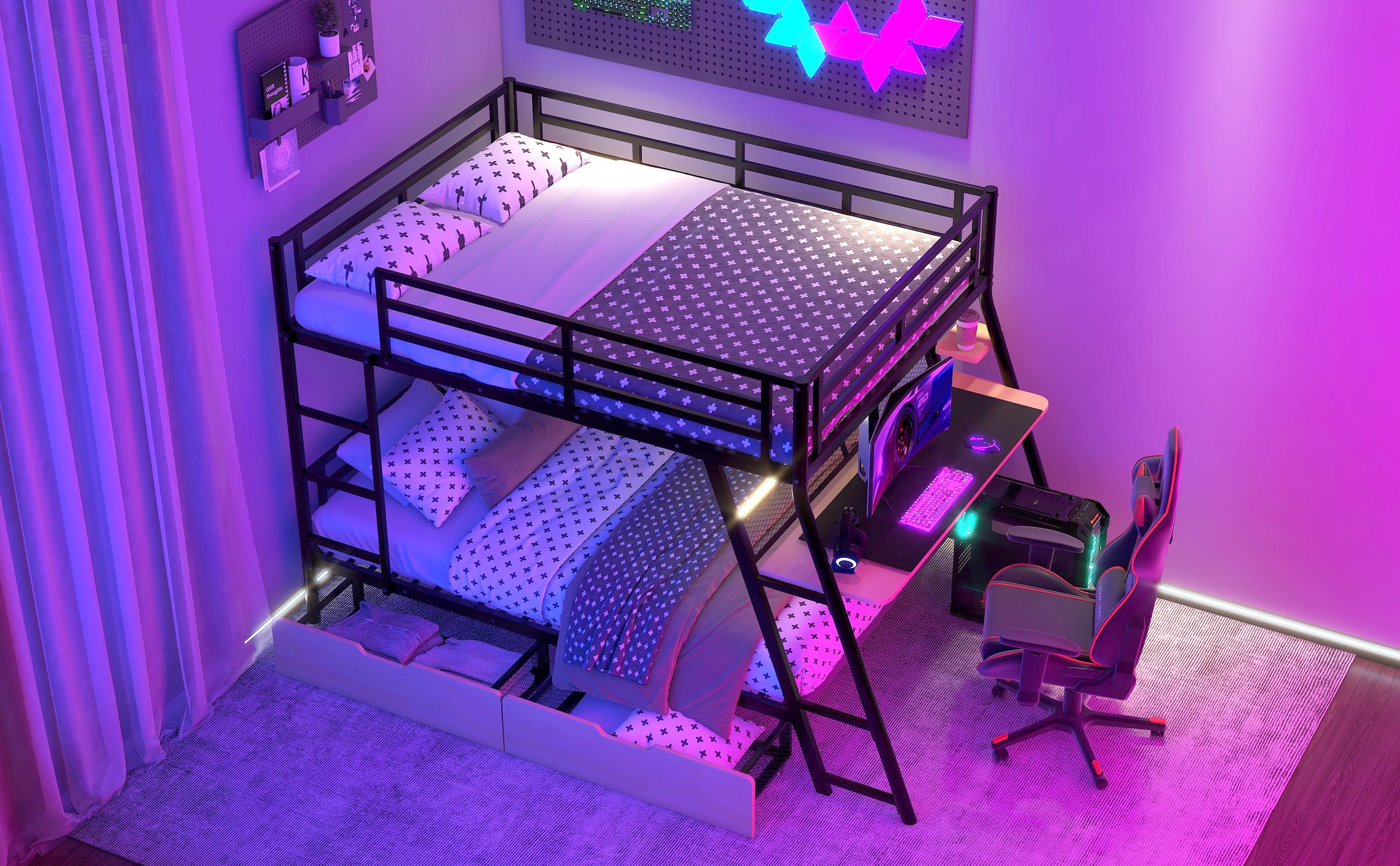 Full Size Metal Bunk Bed with Built-in Desk, Light and 2 Drawers