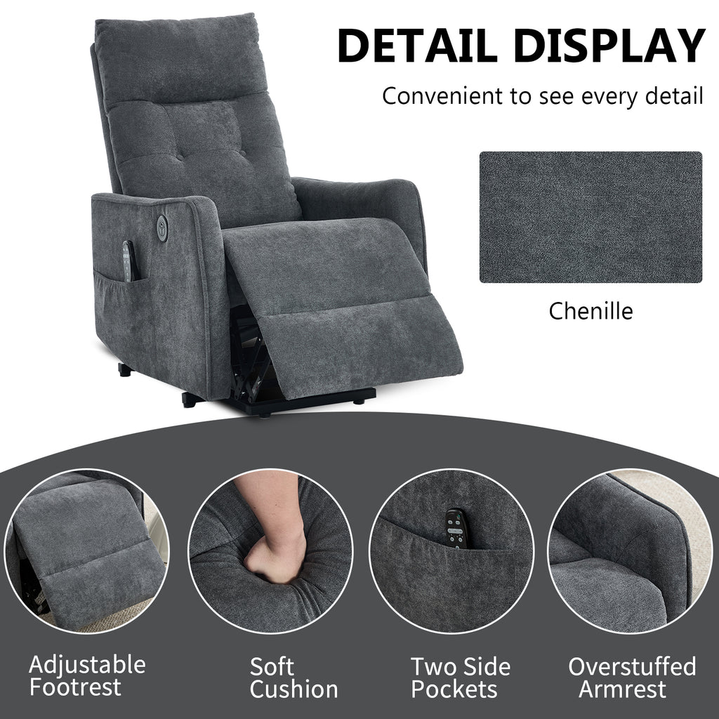 Grey Chenille Single Motor Power Lift Recliner Chair
